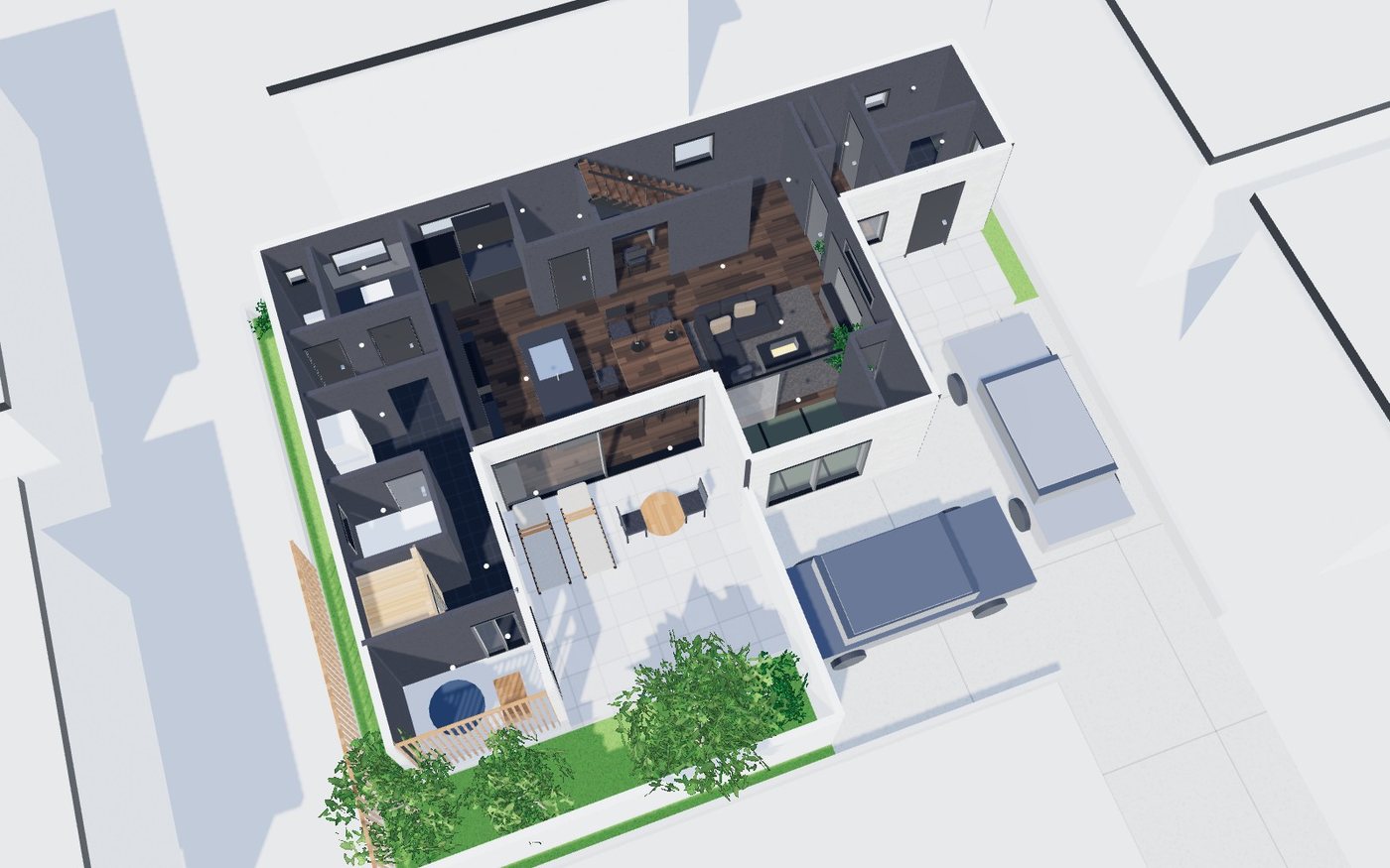 できたもの2：1階を上から見たところ。屋根と2階を外して部屋割りを見る